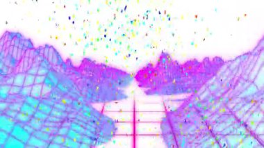 Animation of confetti falling over digital mountains on white background. Global technology, computing and digital interface concept digitally generated video.