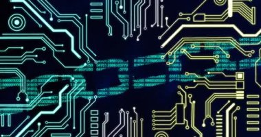 Zincir üzerinde veri işleme animasyonu. Küresel iş ve dijital arayüz kavramı dijital olarak oluşturulmuş video.