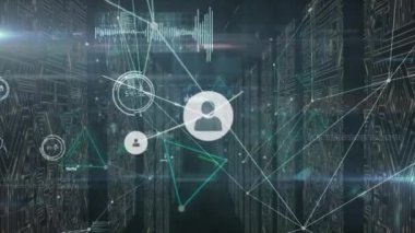 Animation of network of connections with icons and data processing over server room. Global connections, computing and digital interface concept digitally generated video.