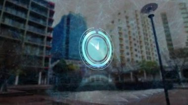 Animation of clock and social media icons over cityscape. Global social media, business, finances, computing and data processing concept digitally generated video.