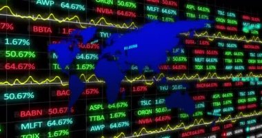 Animation of data processing and stock market over world map on black background. Global business and digital interface concept digitally generated video.
