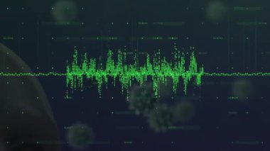 Animation of green data processing over covid 19 cells. Global covid 19 pandemic, business, finance, computing and data processing concept digitally generated video.