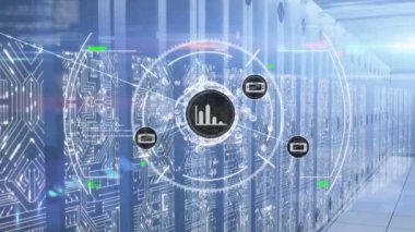 Animation of network of connections with icons and data processing over server room. Global connections, computing and digital interface concept digitally generated video.