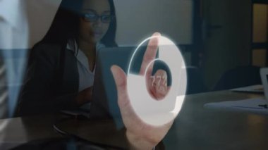 Animation of statistics and data processing over businesswoman. Global cloud computing, digital interface and data processing concept digitally generated video.