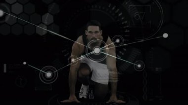 Animation of network of connections and data processing over male runner. Global sports, networks and data processing concept digitally generated video.