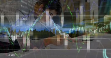 Animation of financial data processing over diverse business people in office. Global shipping delivery business data processing and technology concept digitally generated video.