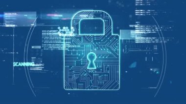 Animation of circuit board pattern in padlock, computer language, dna helix over blue background. Digitally generated, hologram, security, coding, medical, machine learning and technology concept.