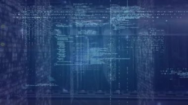 Animation of network of connections with data processing over server room. Global technology, computing and digital interface concept digitally generated video.