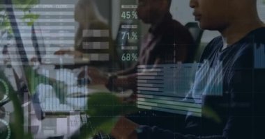 Animation of infographic interface over multiracial coworkers working on desktops at office. Digital composite, multiple exposure, report, finance, global, business, progress and technology concept.