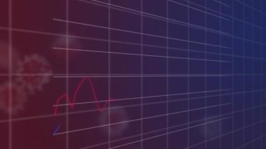 Animation of statistical data processing and covid-19 cells floating on purple gradient background. Covid-19 pandemic and business data technology concept