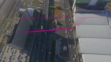 Animation of financial and business data processing over cityscape. Global finances, business, connections and data processing concept digitally generated video.