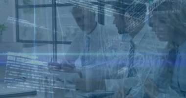 Animation of data processing over diverse doctors. Global business finance economy and technology concept digitally generated video.