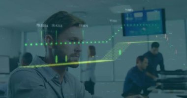 Animation of financial data processing over caucasian man talking on phone at office. Global finance and business technology concept