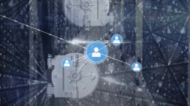 Animation of network of connections with icons over server room and data processing. Global business and digital interface concept digitally generated video.