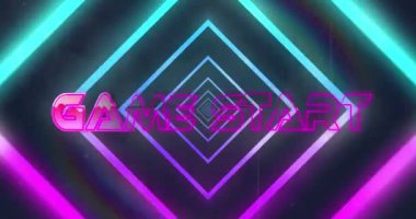 Animation of glitch technique over game start text against rhombuses tunnel in background. Digitally generated, hologram, illuminated, illustration, beginning, video game and technology concept.