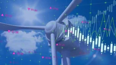 Animation of data processing over wind turbine. Global environment, sustainability, wind energy and data processing concept digitally generated video.