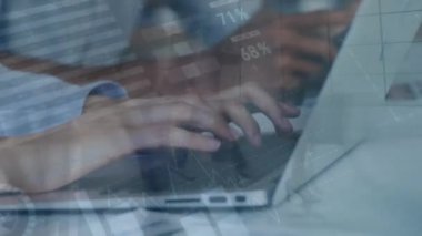 Animation of statistics and data processing over diverse business people working in office. Global business, finance, computing, connections and data processing concept digitally generated video.