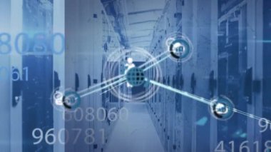 Animation of network of connections over server room. Global business and digital interface concept digitally generated video.