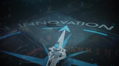 Animation of data processing over compass with business texts. Global business and digital interface concept digitally generated video.