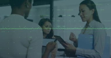 Animation of financial data processing over diverse business people discussing in office. Global business, finance, computing and data processing concept digitally generated video.