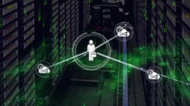 Animation of network of connections with icons over server room and data processing. Global business and digital interface concept digitally generated video.