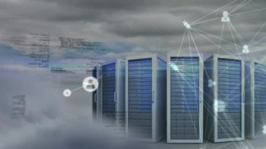 Animation of network of connections with icons over server room and data processing. Global business and digital interface concept digitally generated video.