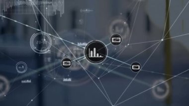 Animation of connected icons and dots and graphs against abstract background. Digital composite, multiple exposure, report, business, communication, illustration and technology concept.