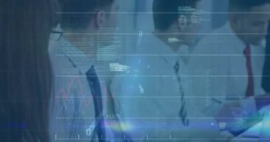 Animation of statistics and financial data processing over business people. Global business, finance, computing and data processing concept digitally generated video.