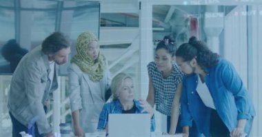 Animation of graphs, trading board over diverse coworkers sharing ideas with female leader in office. Digital composite, multiple exposure, teamwork, communication, stock market, finance, technology.