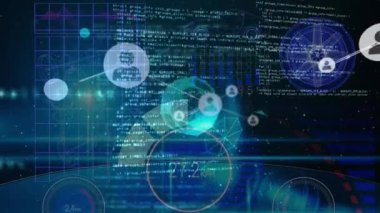 Animation of connected icons, numbers, circles and programming language on abstract background. Digitally generated, hologram, illuminated, communication, coding and technology concept.