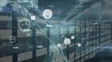 Animation of connected icons, loading circles, graphs, soundwaves and lens flare on server room. Digital composite, multiple exposure, illuminated, communication, report, technology, network server.