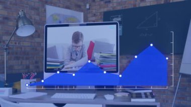 Animation of data processing over caucasian boy having video call. Global business, finances and digital interface concept digitally generated video.