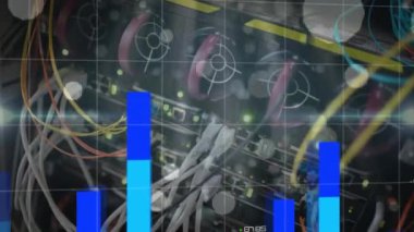 Animation of statistical data processing over world map against close up of a computer server. Global networking and business data storage technology concept