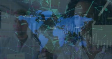 Animation of world map and financial data processing over businesswoman in office. Global business, finance, data processing and computing concept digitally generated video.