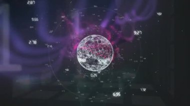 Animation of binary coding and data processing over globe with connections. Global networks, computing and data processing concept digitally generated video.