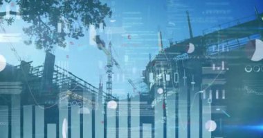 Animation of data processing over cityscape. Global business, finances, computing and data processing concept digitally generated video.