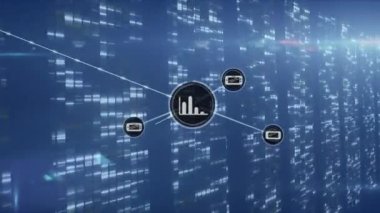 Animation of network of connections with icons. Global business, finances, networks, computing and data processing concept digitally generated video.