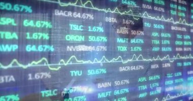 Animation of trading board and binary codes over caucasian senior man holding blue print. Digital composite, multiple exposure, stock market, investment, coding, architecture concept.