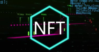Animation of nft text in hexagon over graphs, programming language and numbers on black background. Digitally generated, hologram, report, cryptocurrency, coding, machine learning and technology.