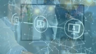 Animation of network of connections with icons over business people. Global cloud computing, business, finance, networks and data processing concept digitally generated video.