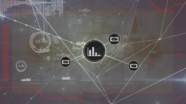 Animation of network of connections over cityscape and data processing. Global business and digital interface concept digitally generated video.