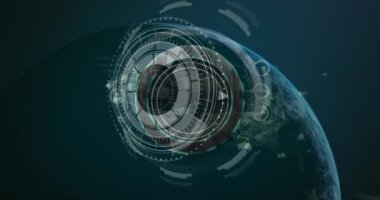Animation of globe, scopes scanning and data processing. Global computing, networks and data processing concept digitally generated video.