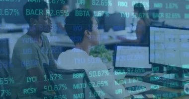 Animation of trading board over diverse female coworkers discussing floor plans over desktop. Digital composite, multiple exposure, stock market, investment, teamwork, communication and technology.