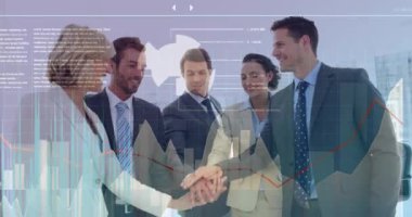 Animation of data processing over diverse business people. Global business, finances, computing and data processing concept digitally generated video.