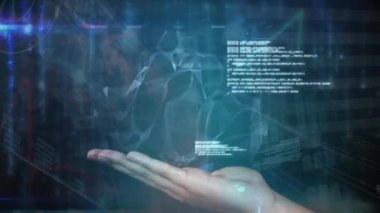 Animation of hand holding globe with network of connections and data processing on black background. Global technology, computing and digital interface concept digitally generated video.
