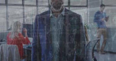 Animation of financial data processing over diverse business people in office. Global networks, computing, business, finance and data processing concept digitally generated video.