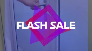 Animation of flash sale text over man walking. Global shopping, retail, sales and savings concept digitally generated video.