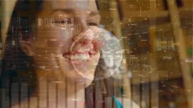 Animation of business concept texts and globe over caucasian woman smiling while using smartphone. Global networking and business technology concept