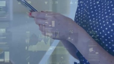 Animation of financial data processing over woman using smartphone. Global business, finances, computing and data processing concept digitally generated video.