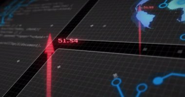 Animation of arrows and data processing over screens. Global business, finances, computing and data processing concept digitally generated video.